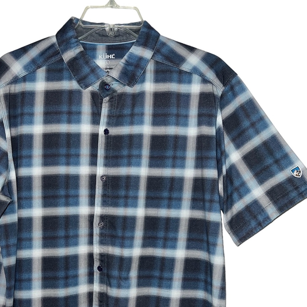 Kuhl Men’s Born In the Wild Plaid Shirt Size L Organic Cotton Short Sleeve Blue